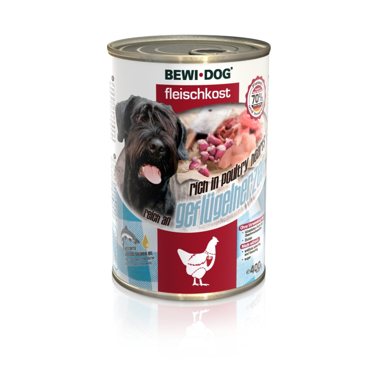 Bewi Dog Rich in Poultry hearts konserv täiskasvanud koertele linnusüdametega, 800g