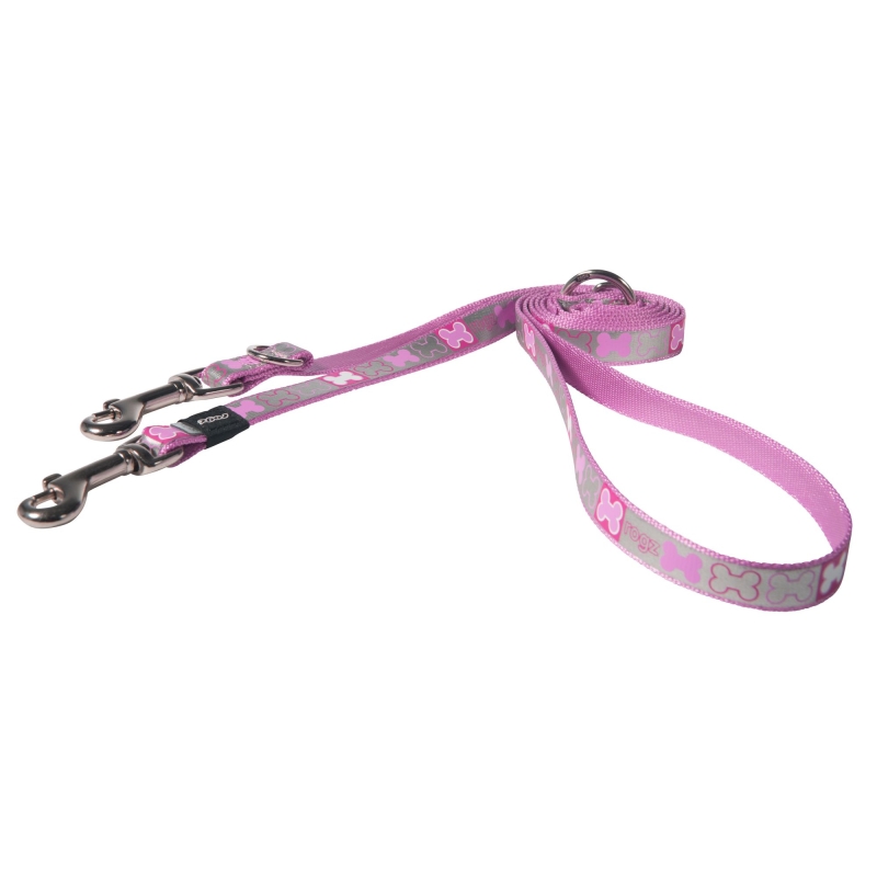 Jalutusrihm kutsikatele Rogz Pupz Reflecto Medium 16mm, Pink Bones muster