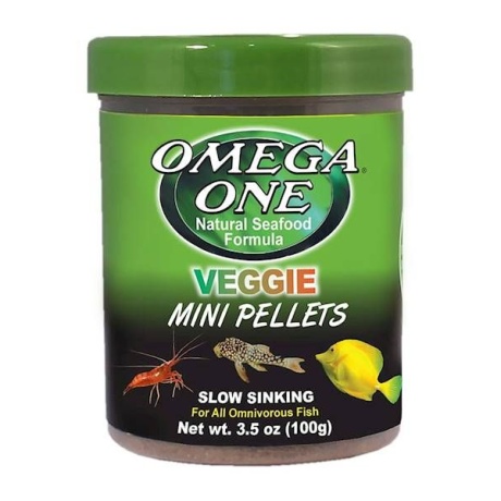 Omega One Veggie Mini Pellets 100g - graanulid väikestele ja keskmistele kaladele magevee- ja mereakvaariumis.